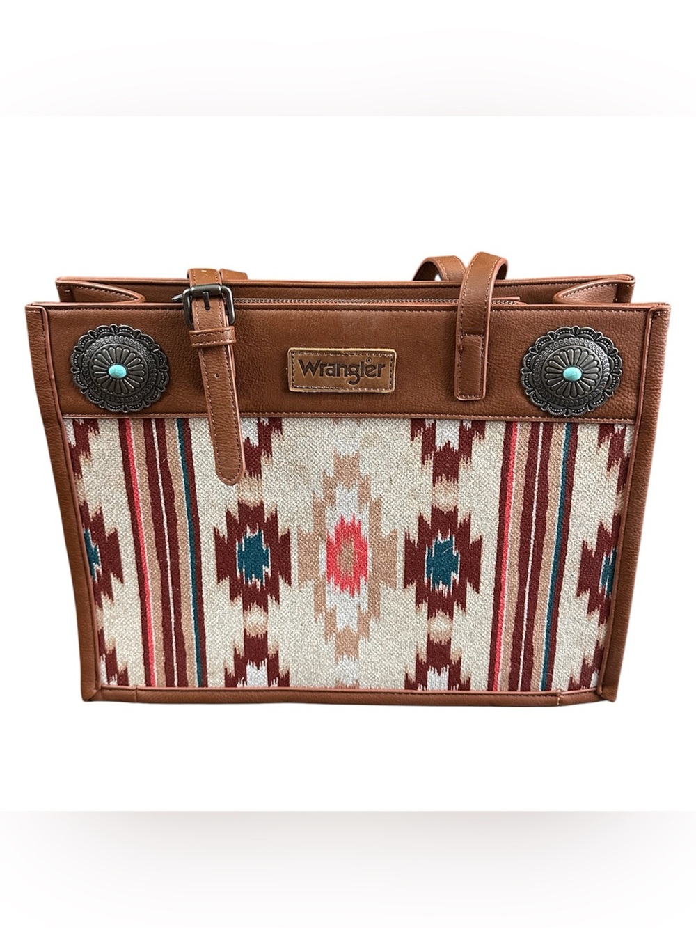 Wrangler Southwestern Aztec Tote Bag Brown Faux Leather Concho Shoulder Purse